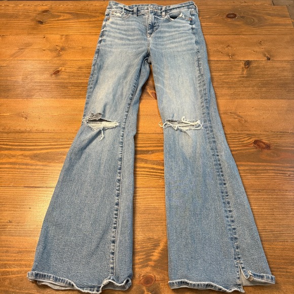 American Eagle Jeans Womens 8 High Rise Flare Light Blue Denim Distressed - Picture 1 of 10